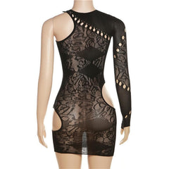 Fishnet irregular long sleeve hollow out see through mini dress