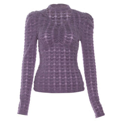 Fluffy hollow out long sleeve solid ruched top