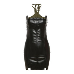 Slit PU leather contrast patchwork halter backless mini dress