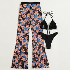 Flower pattern halter contrast pant 3 piece swimwear