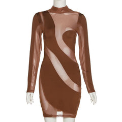 Long sleeve irregular high neck solid mesh mini dress