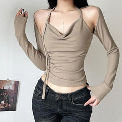 Buckle solid halter long sleeve cowl neck ruched top