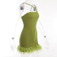 Solid irregular feather patchwork backless mini dress