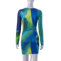 Contrast print drawstring long sleeve v neck ruched mini dress