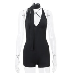 Deep V neck cross back backless ruched solid cami romper