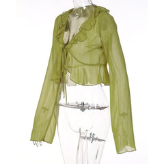 PRE ORDER - Chiffon see through ruffled long sleeve top