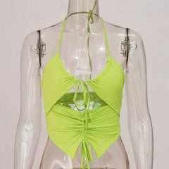 Double layered halter drawstring hollow out ruched solid crop top