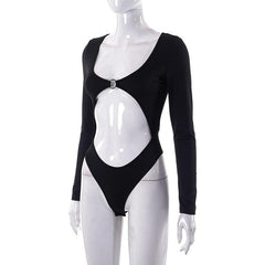 Solid long sleeve o ring hollow out u neck bodysuit