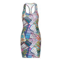 Sleeveless u neck lottery print contrast mini dress