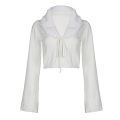 Fluffy patchwork solid long sleeve self tie crop top