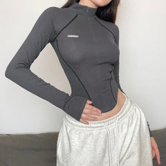Zip-up long sleeve stitch solid high neck top