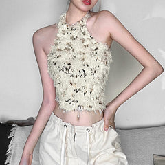 Furry glitter halter backless button mesh crop top