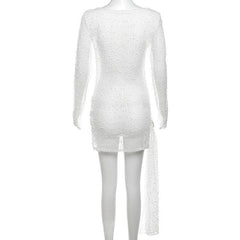 Textured see through o ring irregular long sleeve ruched mini dress