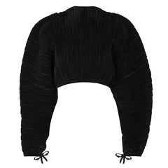 Textured solid high neck long puff sleeve self tie top