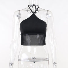 Solid halter mesh patchwork self tie backless crop top