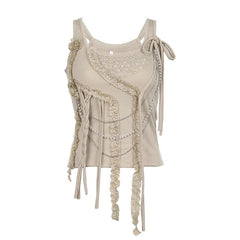 Metal chain sleeveless lace hem irregular solid top