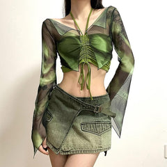 Halter drawstring mesh flared sleeve tie dye 2 piece crop top