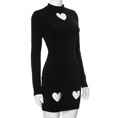 Heart hollow out long sleeve solid high neck mini dress