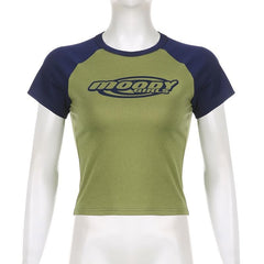 Patchwork contrast short sleeve crewneck "moody" pattern crop top