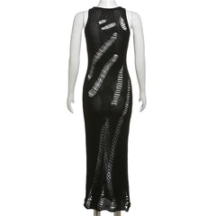 Crochet solid hollow out sleeveless irregular maxi dress