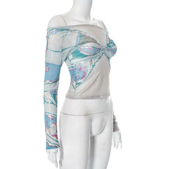 Long sleeve off shoulder sheer mesh ruched contrast top