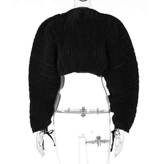 Textured solid high neck long puff sleeve self tie top