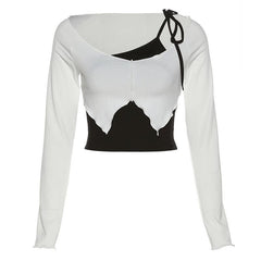 Long sleeve round neck ruffle one shoulder self tie slit 2 piece crop top