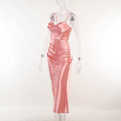 Sleeveless solid satin cowl neck slit backless zip-up cami dress