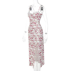 Flower pattern print lace up slit low cut cami midi dress