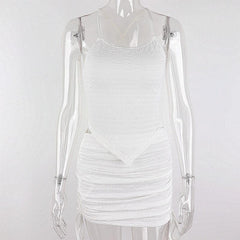 Corss back lace up drawstring ruched solid cami skirt set