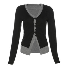 Patchwork long sleeve button v neck contrast crop top