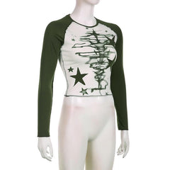 Stitch long sleeve contrast star pattern crewneck top