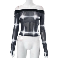 Tie dye contrast off shoulder long sleeve gloves sheer mesh see through top