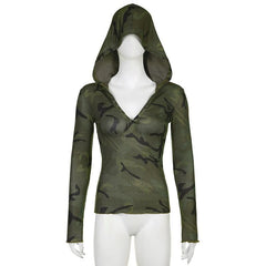 Camouflage contrast hoodie button long sleeve top