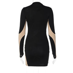 Long sleeve mesh contrast patchwork hollow out mini dress