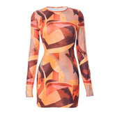 Contrast print long sleeve crewneck mini dress