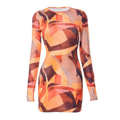 Contrast print long sleeve crewneck mini dress