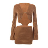 Long sleeve solid v neck slit mini skirt set