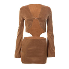 Long sleeve solid v neck slit mini skirt set