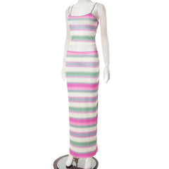Striped backless contrast u neck slit cami maxi skirt set