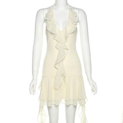 Halter backless v neck ruffle mini dress