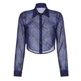 Long sleeve chiffon see through turnover collar plaid button top