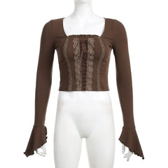 Lace up long flared sleeve ruched lace hem ruffle crop top