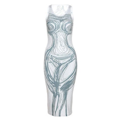 Line pattern contrast u neck body print sleeveless midi dress