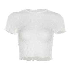 Lace see through solid ruffle short sleeve crewneck crop top