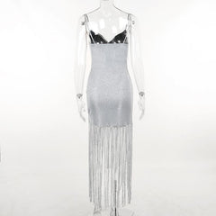 Solid ruched textured glitter tassels backless mini dress