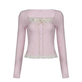 Lace patchwork long sleeve button contrast ruffle top