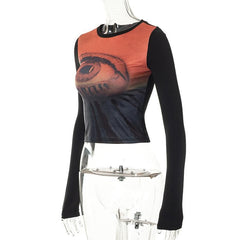 Long sleeve abstract contrast round neck crop top