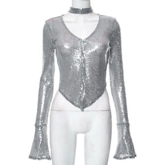 Glitter v neck long flared sleeve choker button top