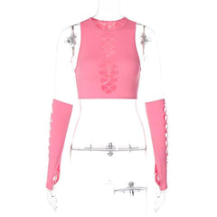 Sleeveless round neck solid hollow out gloves crop top - Final Sale